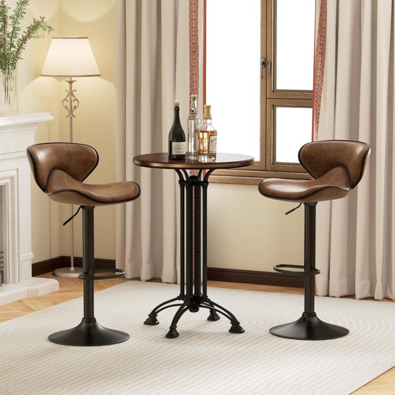 COSTWAY Lot 2 Tabourets De Bar Pivotants - Cuir Marron Rustique, Hauteur Réglable 87-108 Cm, Repose-Pieds
