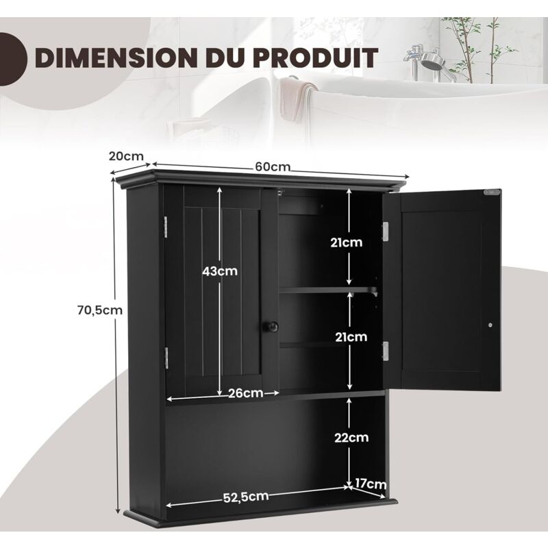 Rangement Mural Mdf Salle Bain COSTWAY Armoire Murale Salle De Bain 2 Miroirs - Placard Rangement 62x11x65cm Blanc