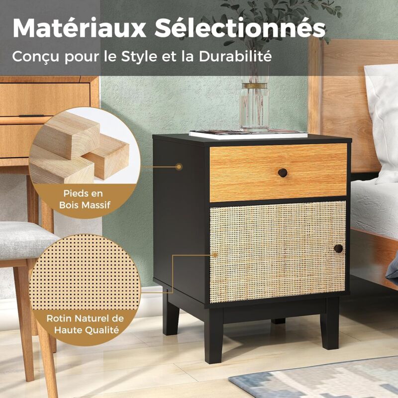 COSTWAY Table de Chevet Bois, Table de Nuit en Rotin avec Tiroir, 4 Pieds en Pin COSTWAY Table de Chevet Bois, Table de Nuit en Rotin avec Tiroir, 4 Pieds en Pin