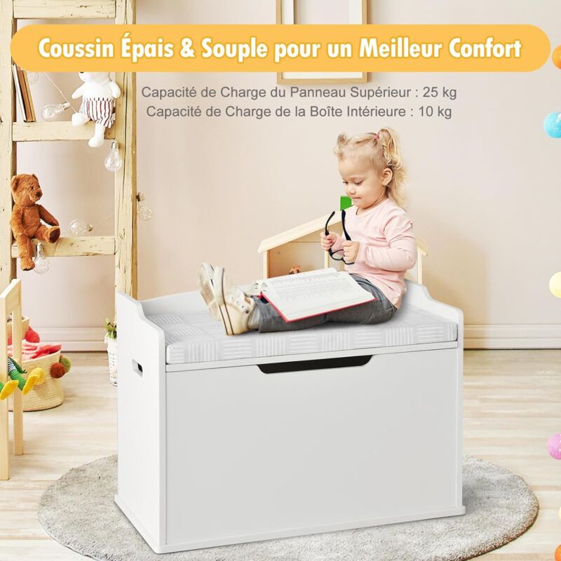 COSTWAY Coffre à Jouets en Bois Enfants avec Couvercle Rabattable, Boîte de Rangement avec Charnière Sécurisée, Charge 20kg pour Salon, Chambre d'Enfants, Crèche, 76 x 40,5 x 48 CM (Blanc