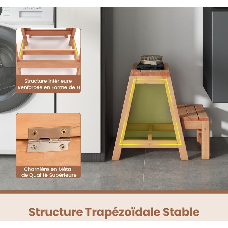 COSTWAY Escabeau 2 Marches Pliable 3-en-1 – Tabouret Enfants/Adultes En Bois De Sapin Naturel, Support Plantes Balcon, Charge Max 250 Kg, Ultra Stable & Compact Escabeau Pliant