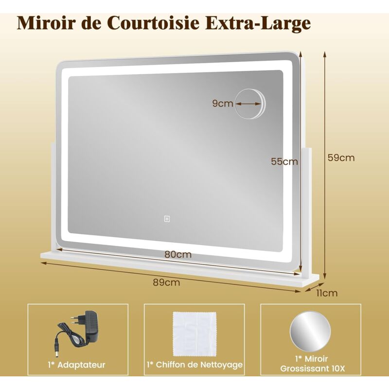 COSTWAY Miroir Maquillage Lumineux 50 x 40 cm, Miroir Coiffeuse LED, 3000-6500K, Luminosité Réglable, 3 Interrupteur Tactile, Miroir Hollywood, Fonction Mémoire, Montage Table/Mur