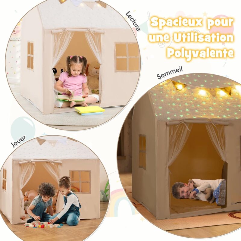 Tente De Jeux Pour Enfants Avec Guirlandes Lumineuses étoiles - 121x101x137 Cm, Tapis Lavable, Pour 3-4 Enfants