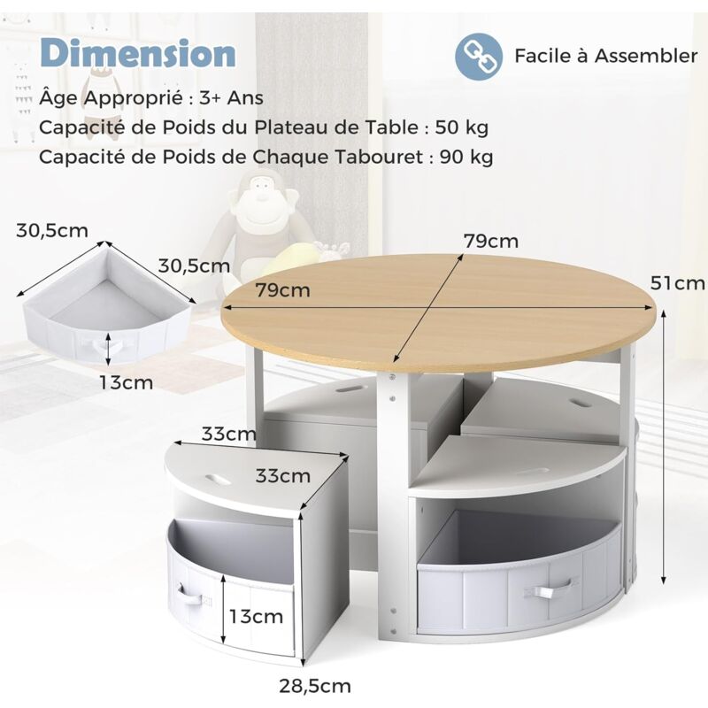COSTWAY Table Enfant Ronde Avec 4 Chaises Empilables - Table De Dessin Bois Avec Tiroirs Tissu, Charge 50/90kg, Naturel
