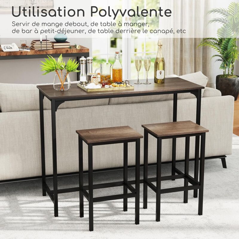 Table Bar Avec 2 Tabourets 120cm - Mange Debout Industriel Pour Petit Espace Marron Rustique