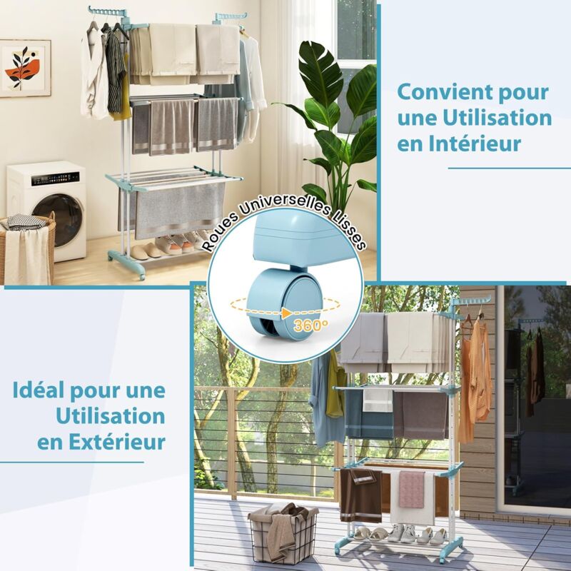 Todeco – Sèche-linge électrique pliant 3 étagères – Barres chauffantes 45-55°C – Dimensions replié 143x72x9cm – Avec roues pour rangement facile
