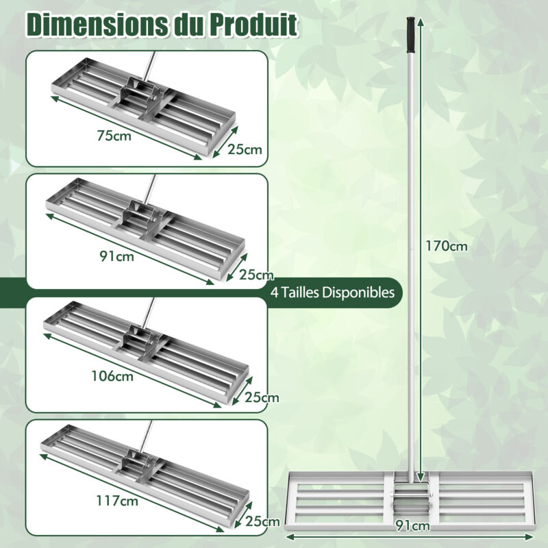 Râteau de nivellement professionnel XXXL en acier inoxydable [manche de 2 m de long] Râteau de nivellement de pelouse, outil de nivellement de pelouse, herbe de jardin, outil de nivellement pour cour