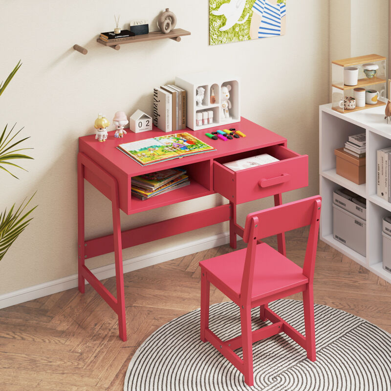 Bureau Enfant Réglable HOMCOM Avec Chaise - Table Inclinable, Lampe LED USB, Tiroir Et Bibliothèque - Rose - Pour Enfant 6 Ans Bureau Fille 6 Ans