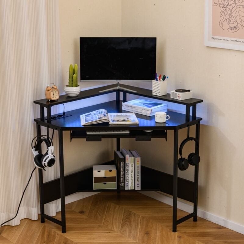 ODK Bureau Gaming avec LED, Bureau d'angle Gaming avec 2 Prises