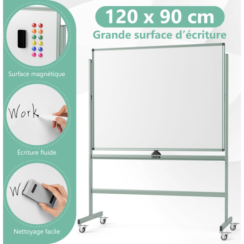 COSTWAY Tableau Blanc Effaçable 60 x 90 cm sur Pieds Double Face