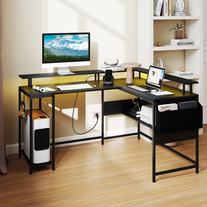 ODK Bureau Gaming Avec Rangement, Bureau D'angle Avec LED Réversible, 2