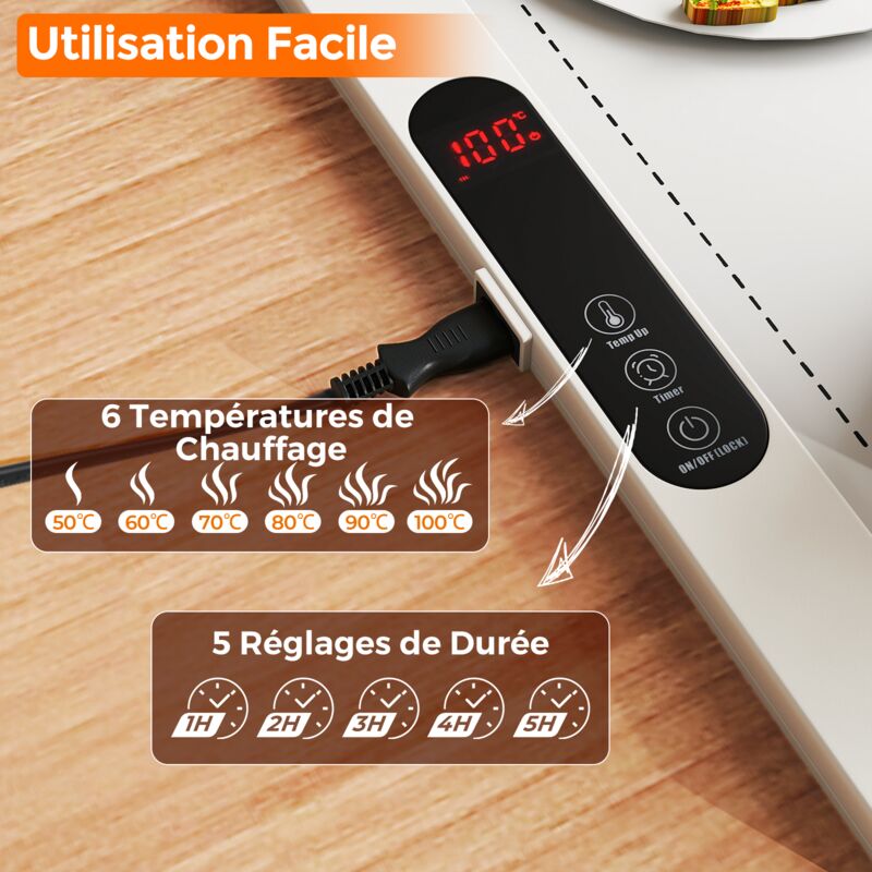 SHASUKI Plateau Chauffant Électrique Flexible 45x38cm - Minuteur 6h, 13 Températures, Silicone Alimentaire Enroulable