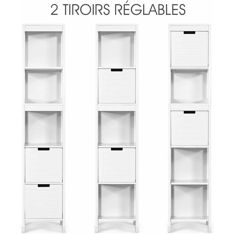 Meuble Colonne Étroite COSTWAY - Armoire Haute Avec Portes Verre Ondulé, Étagères Réglables - Blanc, Pour Salle De Bain, Salon - 2