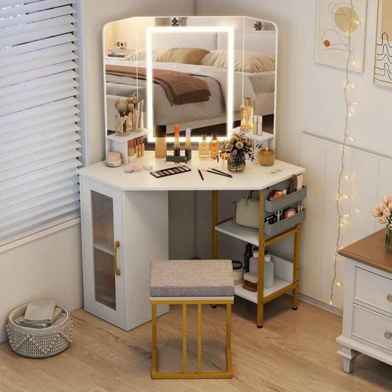 Coiffeuse avec Miroir et Tabouret, Coiffeuse d'Angle avec 3 Miroirs, 3 Couleurs, Luminosité Réglable, Prise Intégrée, Table de Maquillage, Blanc | Leroy Merlin