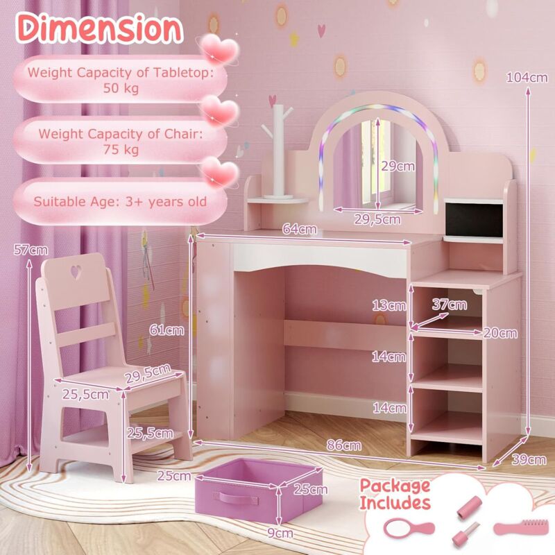 Coiffeuse Chaise Incluse 3 Ans COSTWAY Coiffeuse Enfant Fille Avec Chaise Et Miroir LED - Bureau Princesse Avec Rangement Rose