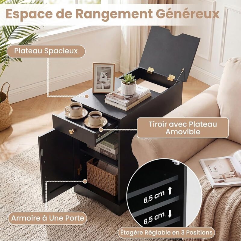 Sogesfurniture Table De Chevet Roulante Avec Tiroirs Et Plateau Pivotant - Noir - Idéale Lit Et Canapé