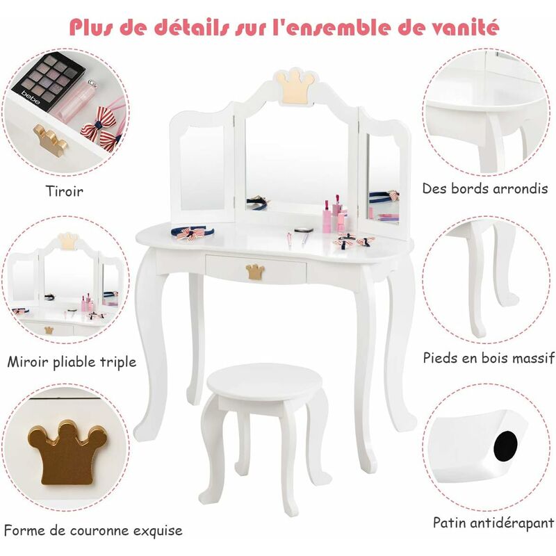 Costway 2 en 1 coiffeuse enfants fille avec miroir amovible à 3 volets &  tabouret, table de maquillage avec tiroir & dispositif anti-basculement,  charge 50kg pour enfants de 3-7 ans (pois blanc) - Conforama