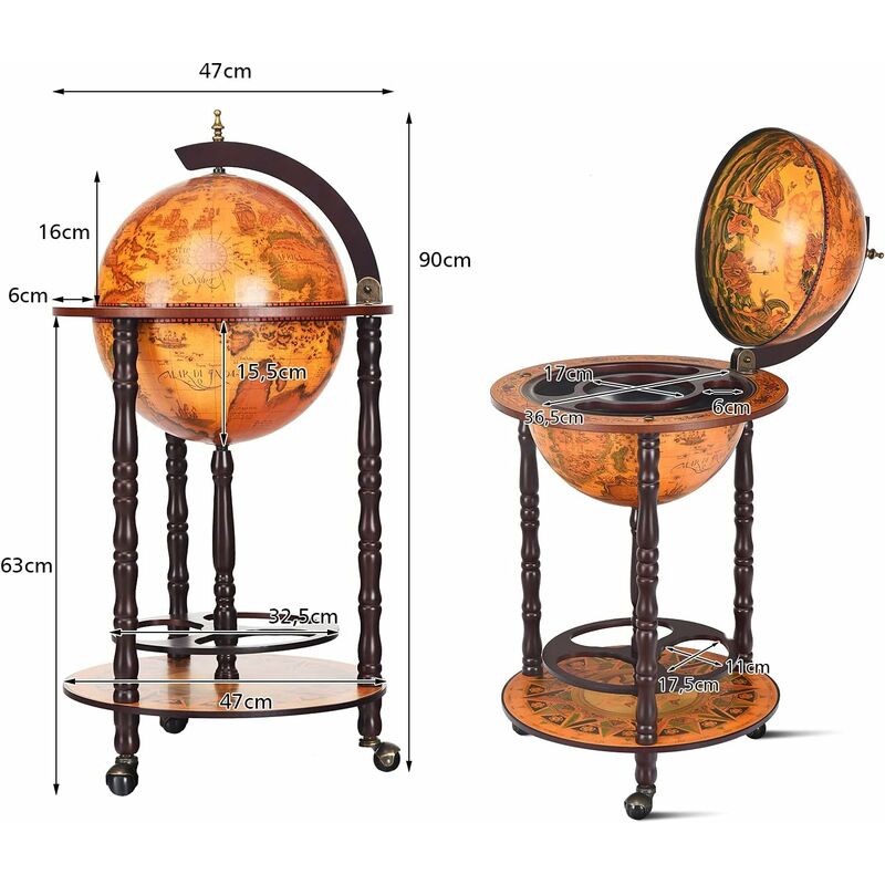 Tableau Cadre Bois Globe Terrestre Rétro - 60 X 44 Cm, Décoration Murale Vintage