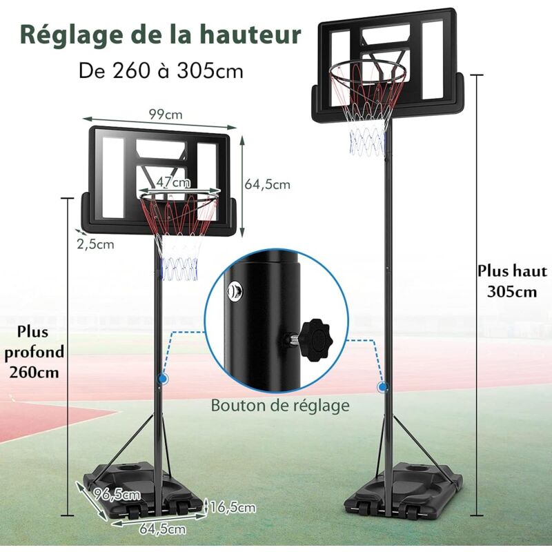 Costway Panier De Basket Sur Pied Avec Roulettes Hauteur Réglable