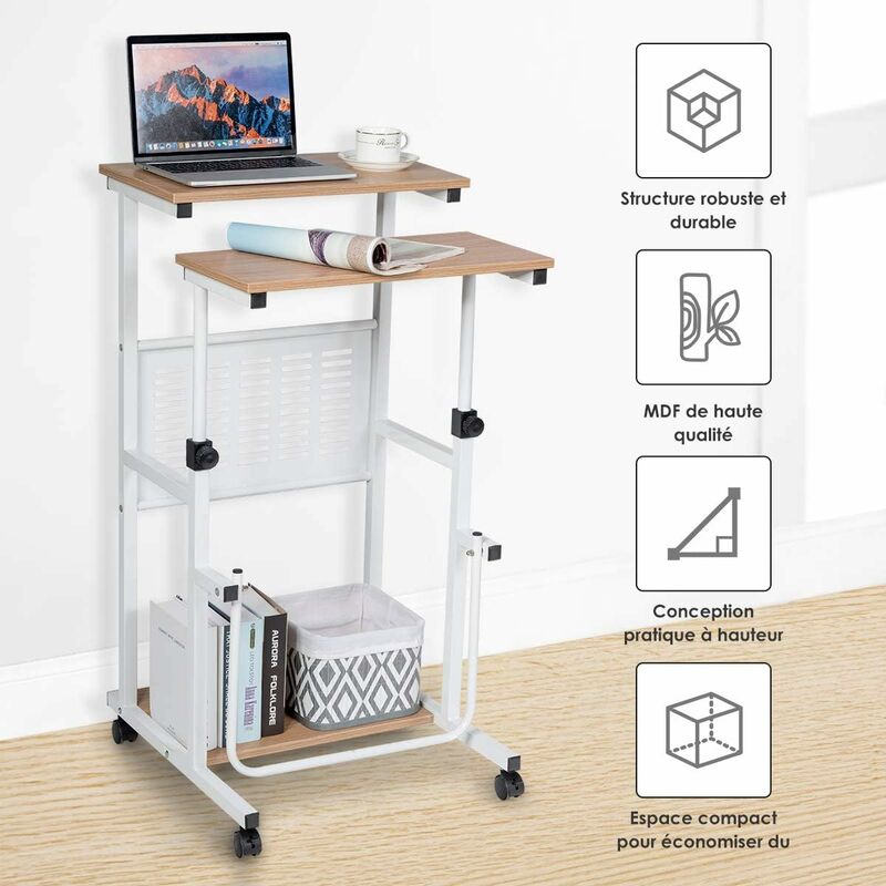 Bureau Mobile Réglable En Hauteur 5Rcom - Plateau Inclinable, Roulettes, Support 20 Kg, Pour Ordinateur Portable
