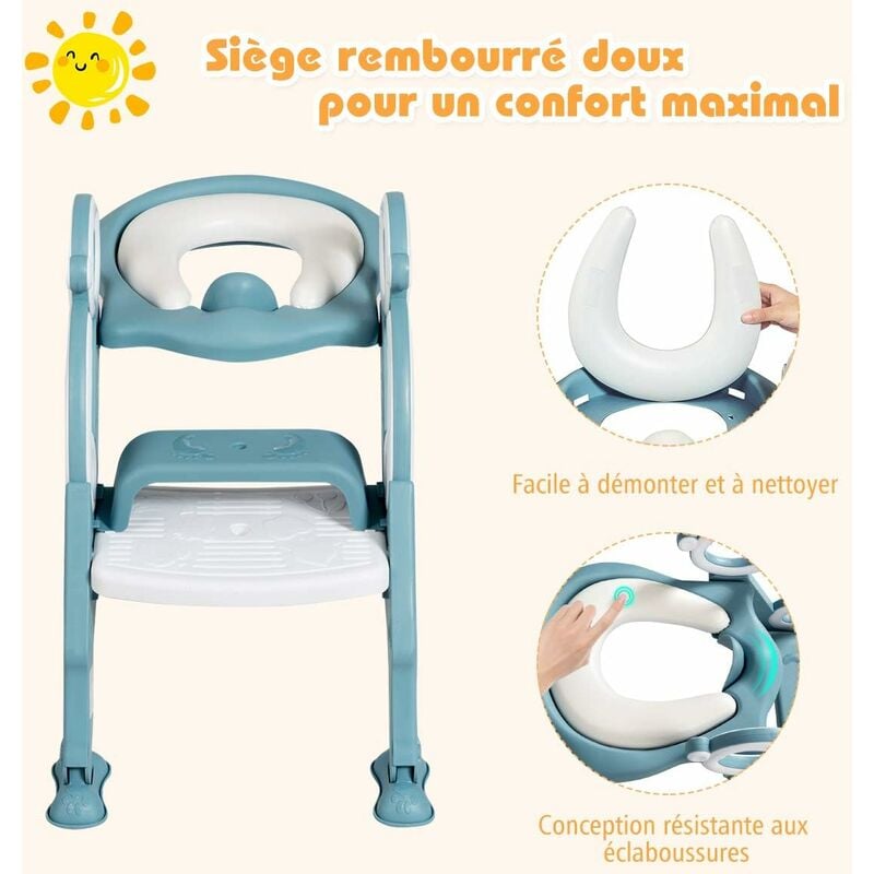 Costway siège de toilette pour enfants pliable hauteur réglable 75kg avec  coussin amovible et doux en pp+pvc réducteur wc bébé rose - Conforama
