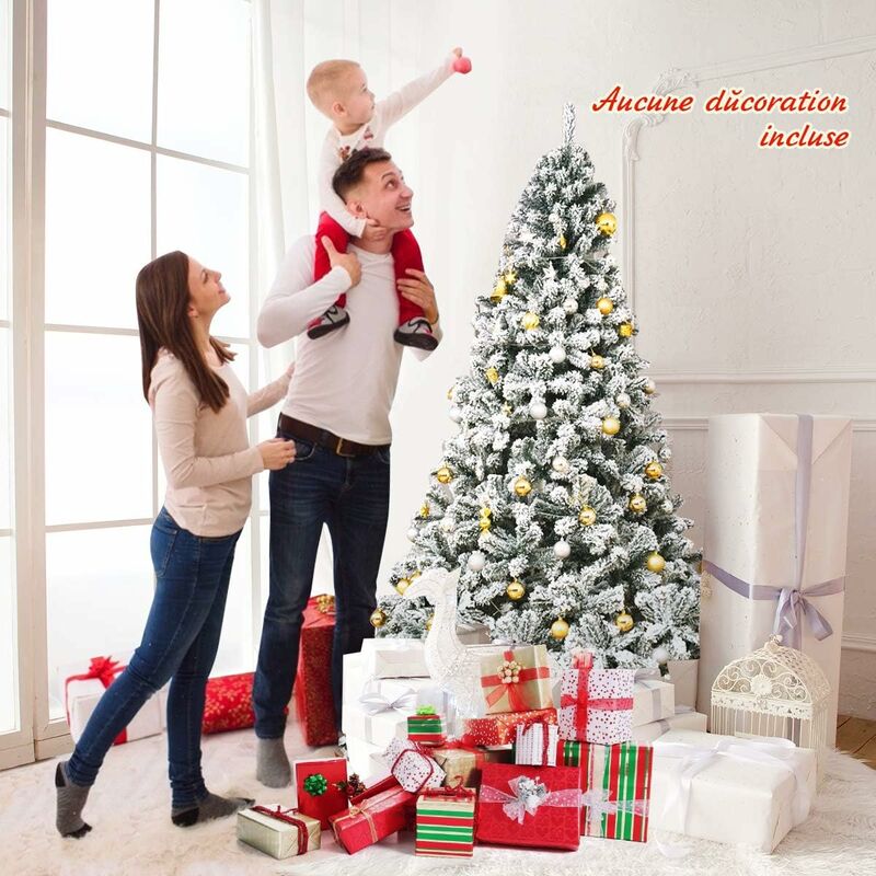 COSTWAY Sapin De Noël Artificiel Pré-éclairé 180 Cm, En Forme De Crayon Floque De Neige 150 Lumieres Blanches Chaudes 373 Pointes De Branches Aiguilles De Pin Pour Maison Bureau 79753014