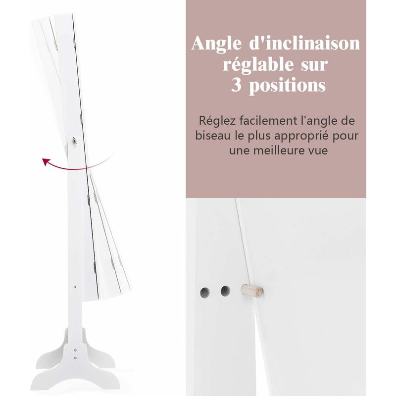 COSTWAY Armoire à bijoux sur Pied avec Miroir Psyché Coffre à Bijoux, Armoire de Rangement Cosmétiques,3 Positions Réglables, Blanc 2