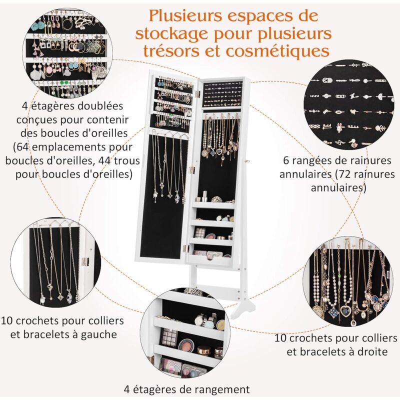 COSTWAY Armoire à bijoux sur Pied avec Miroir Psyché Coffre à Bijoux, Armoire de Rangement Cosmétiques,3 Positions Réglables, Blanc 3