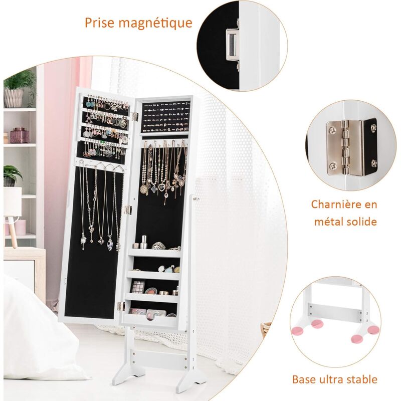 COSTWAY Armoire à bijoux sur Pied avec Miroir Psyché Coffre à Bijoux, Armoire de Rangement Cosmétiques,3 Positions Réglables, Blanc 4