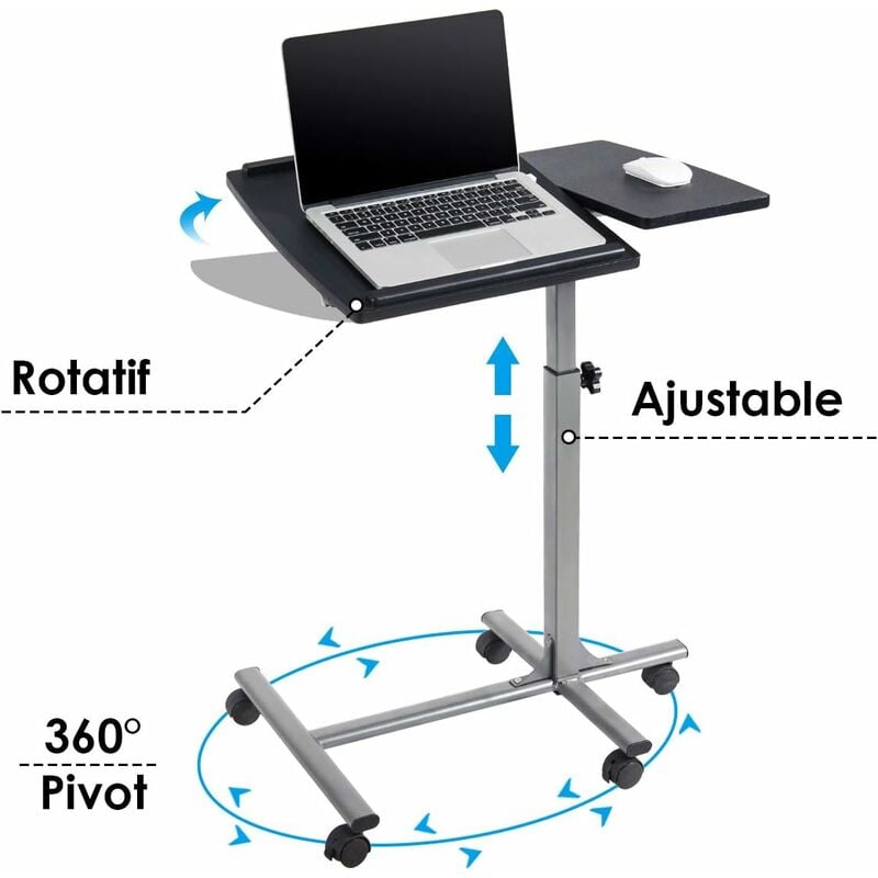 Costway table pour ordinateur à roulettes portable, hauteur réglable,  tablette inclinable avec dispositifs supérieur et inférieur, support de  souris latéral, 64 x 45 x 71-93cm - Conforama