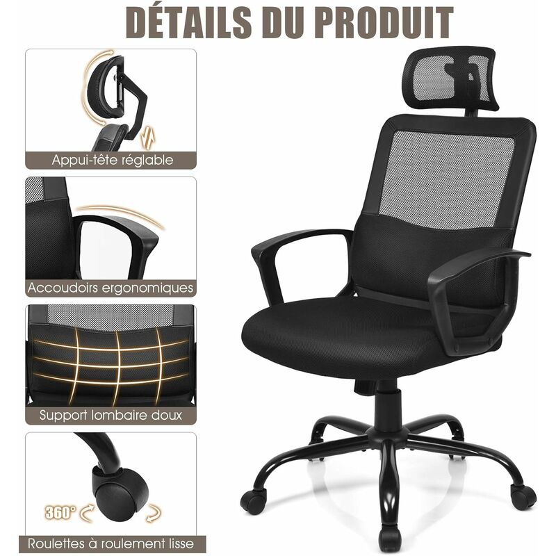 Chaise de bureau ergonomique avec appui-tête, accoudoirs 3D, soutien  lombaire réglables, fauteuil de bureau pour télétravail pivotant à haut  dossier