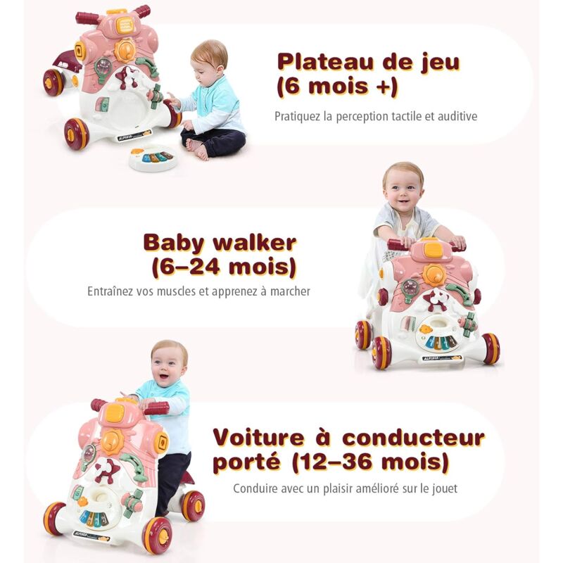 Costway 3 En 1 Trotteur Pousseur Pour Enfants Pour Apprendre À Marcher Avec  Lumière Et Musique, Activités D'eveil, Développement De L'intelligence,  Garçon/Fille, 6 – 36 Mois