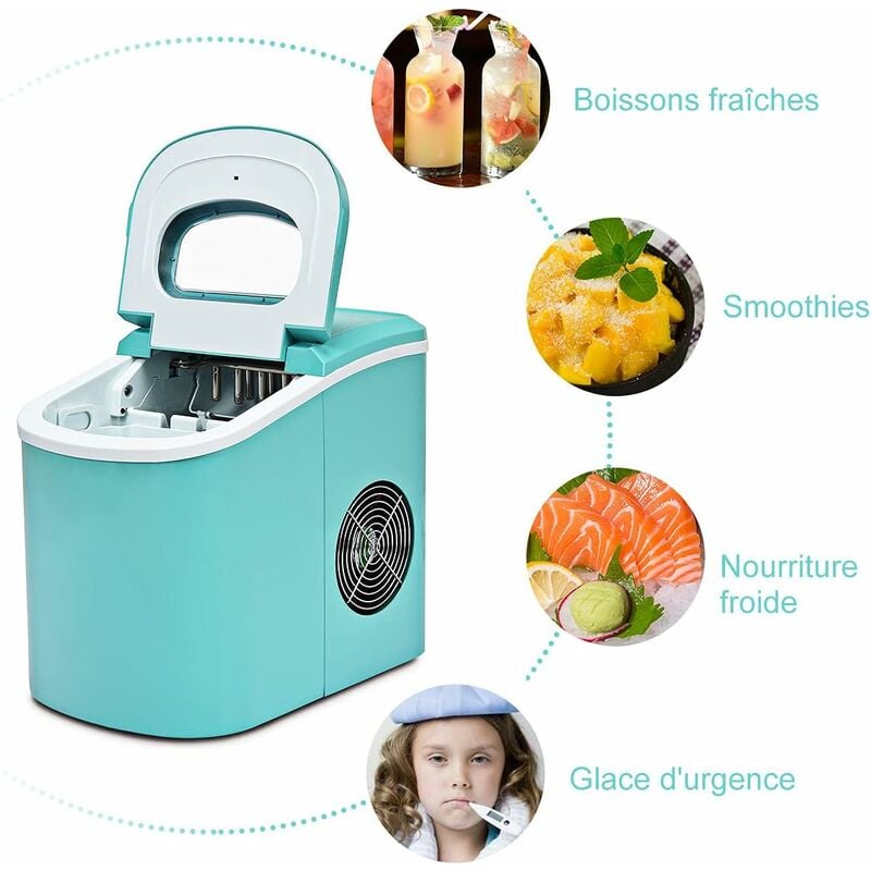 KUMIO Machine à Glaçons, 12kg/24h, 9 Glaçons épais Prêts en 6-9 Min, Pelle  à Glace et Panier et Réservoir d'eau de 1,5L, Machine a Glacons pour la  Maison, la Cuisine, le Bureau