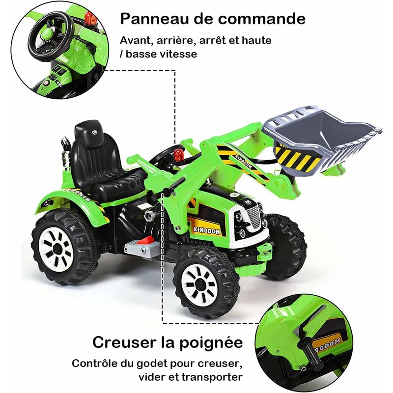 12V Tracteur Électrique Enfants Avec Pelle&Remorque Amovible Véhicule