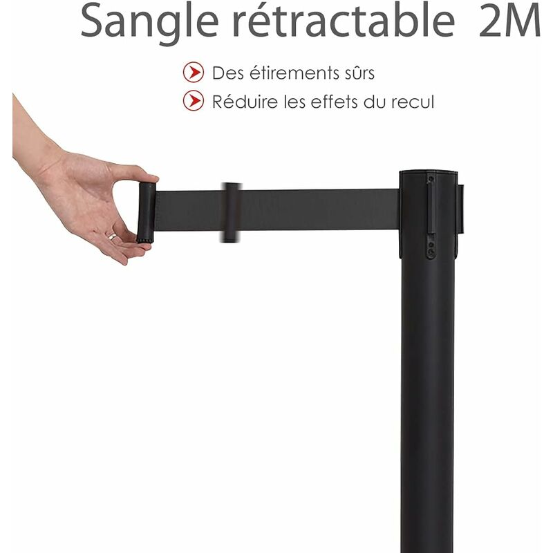 Pack De 2 Poteaux Guide-file Télescopiques - Hauteur 90 Cm, Sangle Rouge 2 M - Base Lourde Antidérapante