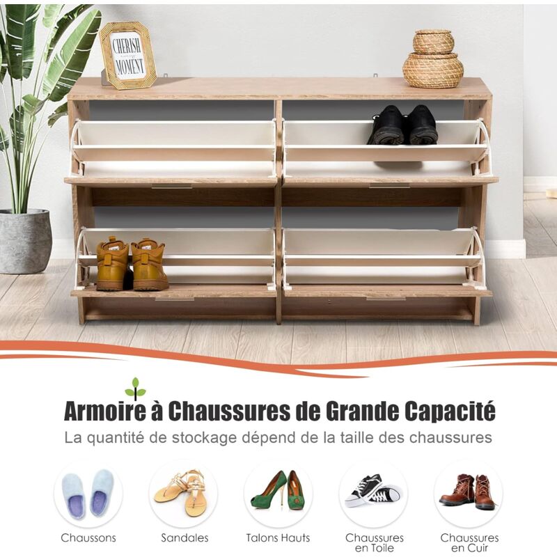 Banc à Chaussures 99,5 Cm Bois Naturel – 6 Compartiments Réglables, Coussin Confort, 2 Portes Coulissantes, Charge 85 Kg