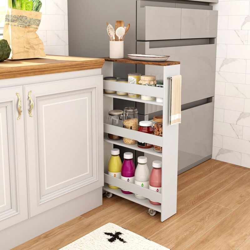 Chariot De Rangement Coulissant à 4 étagères – Desserte De Cuisine Avec Roulettes Et Poignée – Gain De Place Et Organisation Pratique