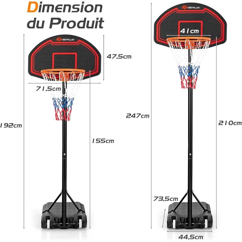 COSTWAY Panier de Basket sur Pied Hauteur Réglable de 179 à 208CM pour  Intérieur/Extérieur avec Roulettes pour Enfant/Adulte