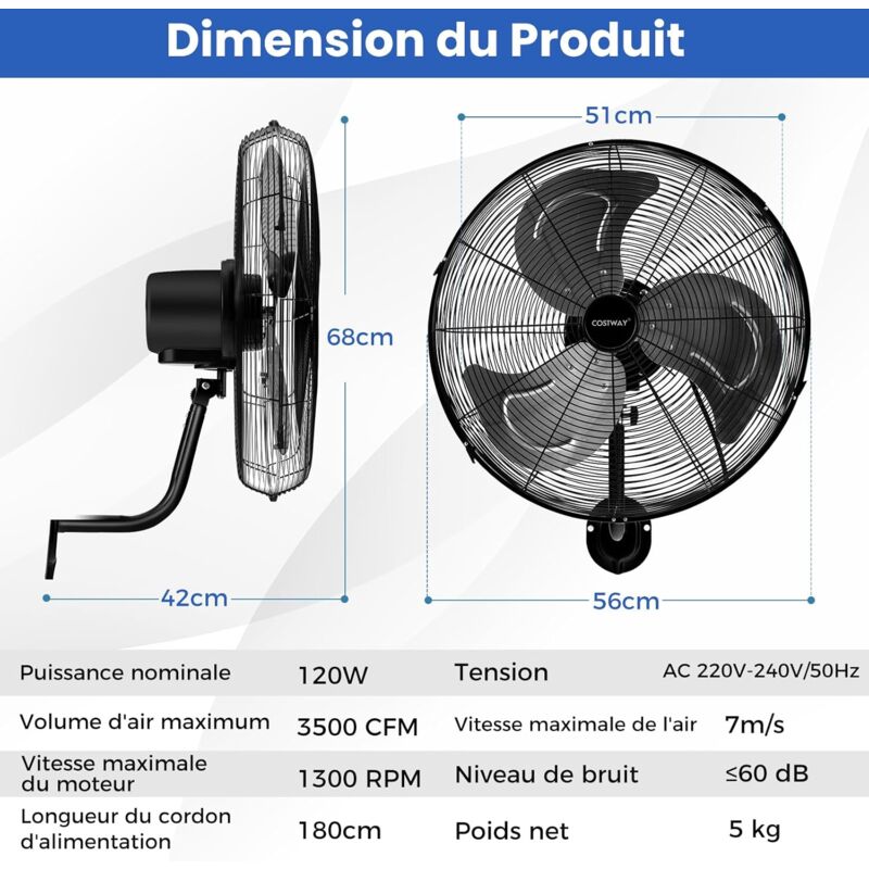 Ventilateur De Sol Industriel COSTWAY 24" - 3 Vitesses - Moteur Cuivre - Roulettes Et Poignée