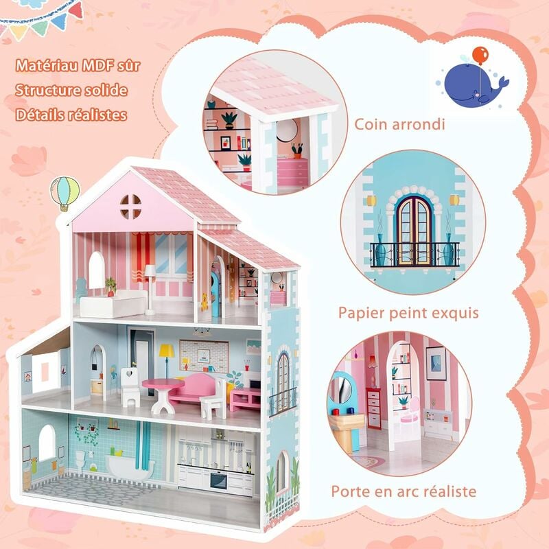 Poupée et maison de poupée Barbie, ensemble de jeu portable à 1 étage avec  piscine 