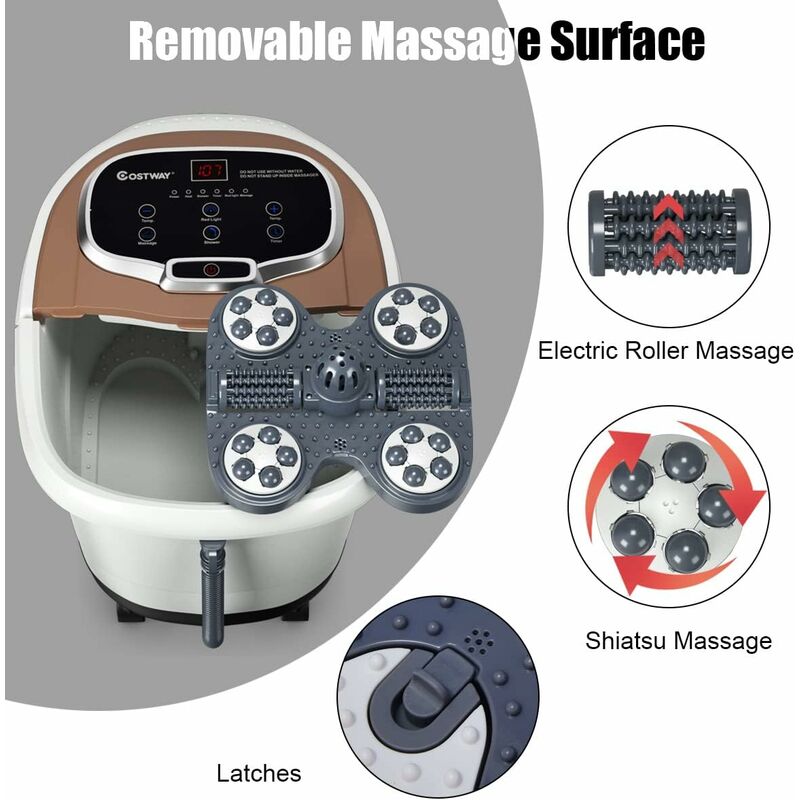 COSTWAY Bassin de Pied 15L avec Ecran LED, 6 Rouleau de Massage,C Chaleur Automatique 35℃-48℃ Fonction de Douche et Lumière Rouge,Café 2