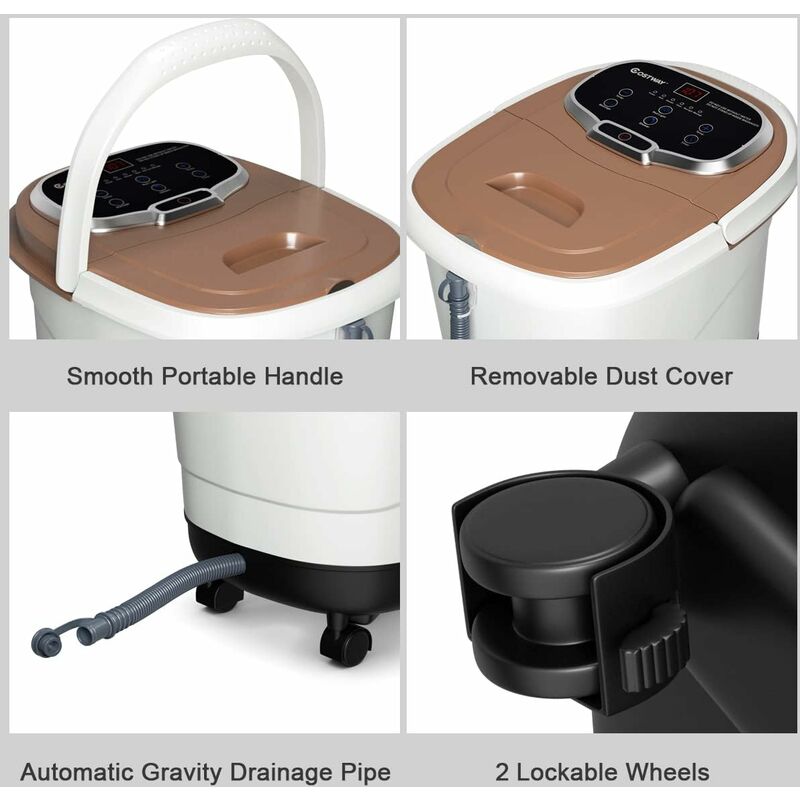 COSTWAY Bassin de Pied 15L avec Ecran LED, 6 Rouleau de Massage,C Chaleur Automatique 35℃-48℃ Fonction de Douche et Lumière Rouge,Café 3