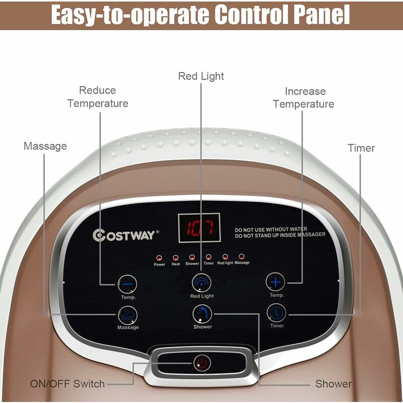 COSTWAY Bassin de Pied 15L avec Ecran LED, 6 Rouleau de Massage,C Chaleur Automatique 35℃-48℃ Fonction de Douche et Lumière Rouge,Café 4