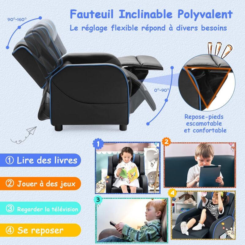 Fauteuil Inclinable Enfant HOMCOM - Cuir PU, Dossier Réglable, Repose-pieds, Pour 3-6 Ans, Porte-gobelet