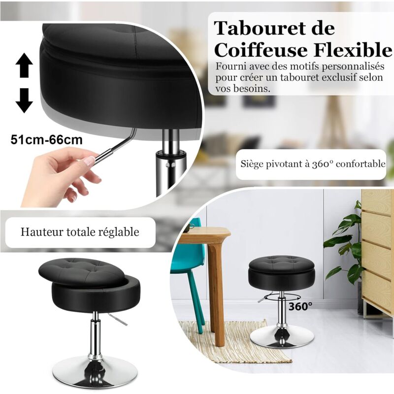 Ivy Bronx Tabouret de coiffeuse réglable, tabouret pivotant à 360