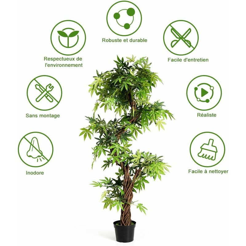 COSTWAY Plante Artificielle En Pot Remplies De Ciment 140CM Avec 252