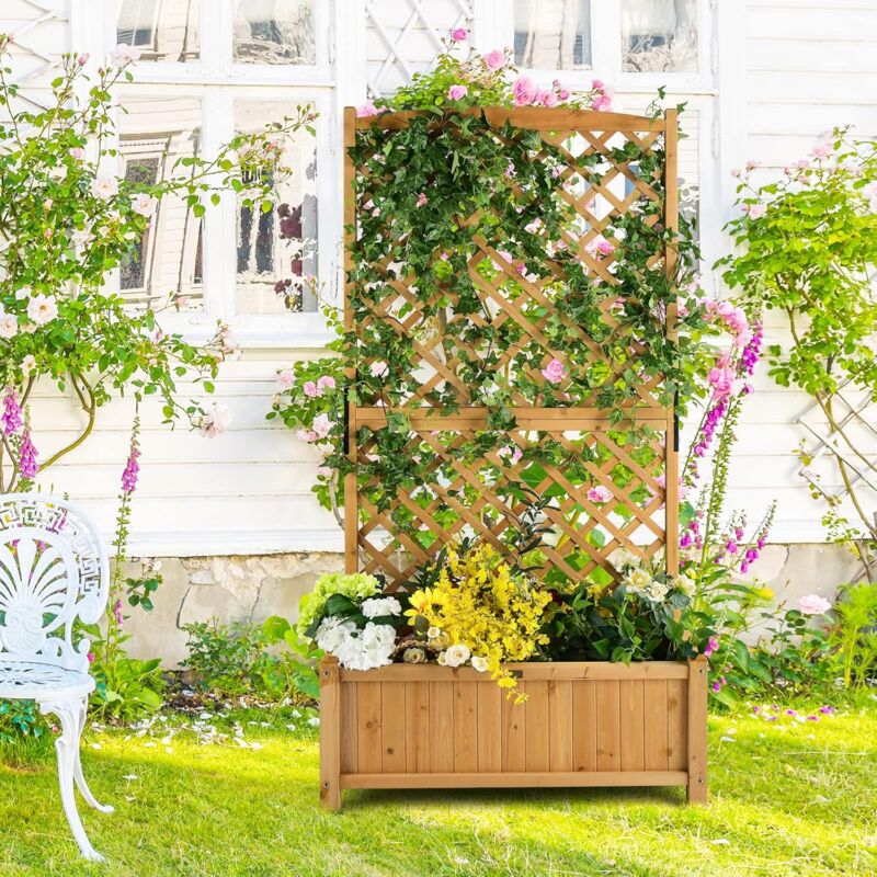 Jardinière Sur Pied Avec Treillis Métallique - 63x31x112 Cm - Bac Profond 30 Cm Pour Plantes Grimpantes - Pour Balcon, Terrasse Ou Jardin - Noir - 8