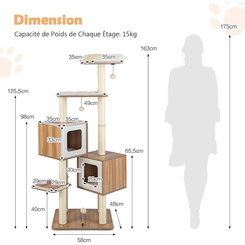 COSTWAY Arbre à Chat 90 Cm En Bois Massif, Perchoir, Poteaux à Gratter En Jute Naturel, Corde En Jute, Doux Peluche Longue, Naturel - Animalerie