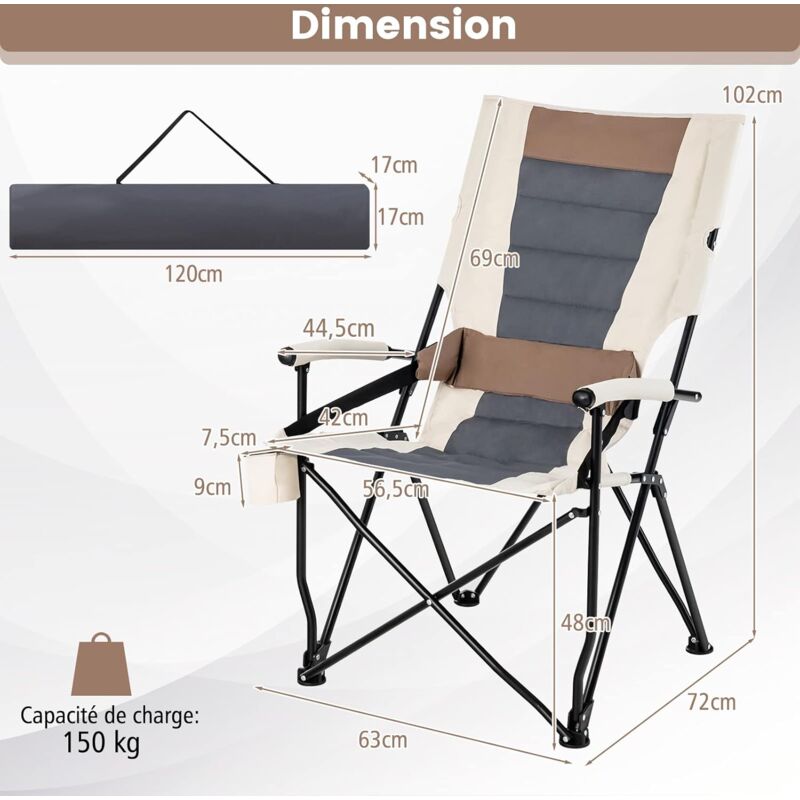 Chaise De Camping Pliante Haute OVERMONT - Charge 150 Kg, Dossier Haut, Porte-gobelet, Poche Latérale, Pour Randonnée, Pêche, Jardin - 5