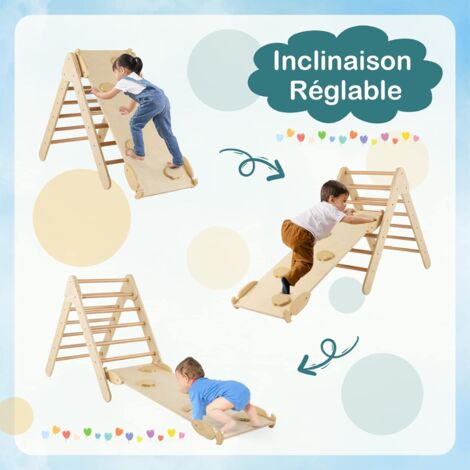 COSTWAY Station de Jeu 3 en 1 Triangle d'Escalade Enfant en Bois, Rampe Double Face à Angle